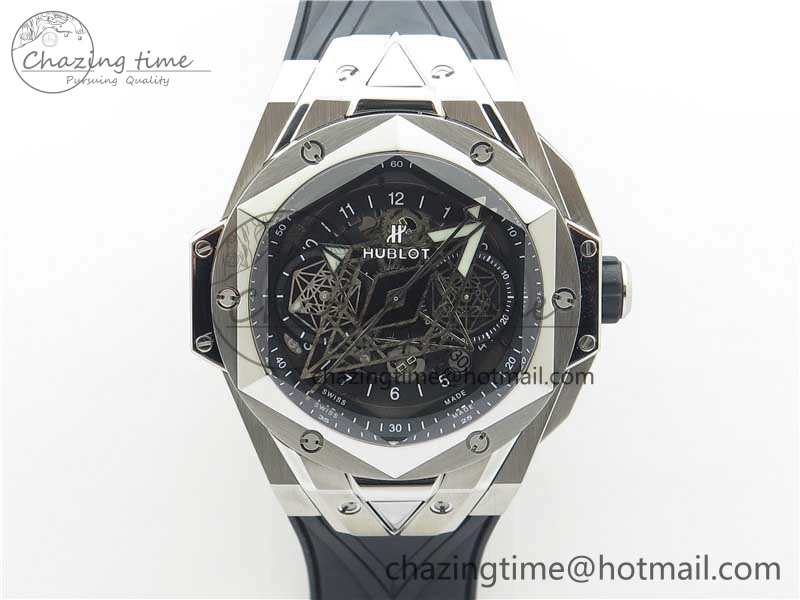 Effortless Big Bang Sang Bleu chrono SS B50 Black Skeletonal Dial On Rubber Strap Asian 6798