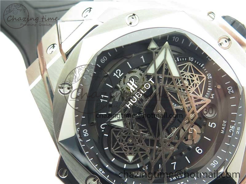 Effortless Big Bang Sang Bleu chrono SS B50 Black Skeletonal Dial On Rubber Strap Asian 6798