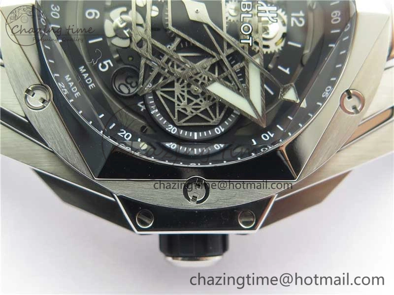 Effortless Big Bang Sang Bleu chrono SS B50 Black Skeletonal Dial On Rubber Strap Asian 6798