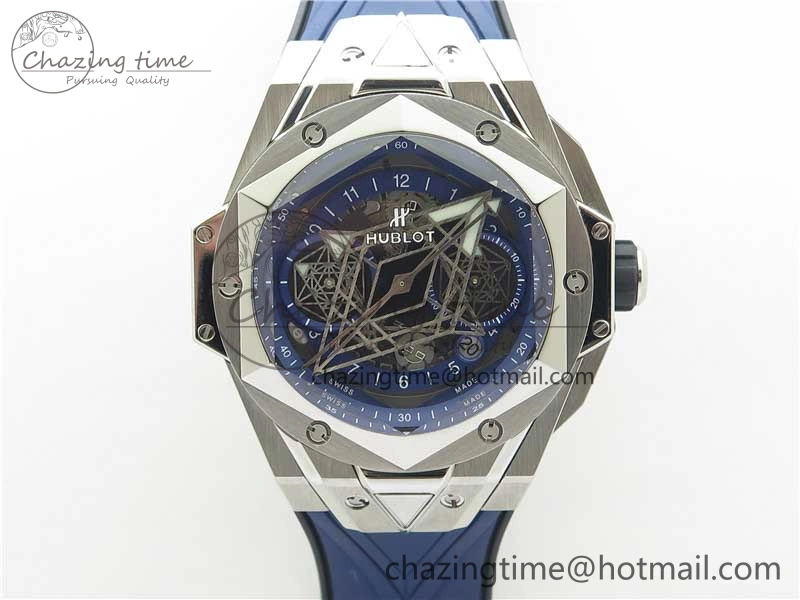 Big Bang Sang Bleu chrono SS B50 Blue Skeletonal Dial On Rubber Strap Asian TechFriendly 6797