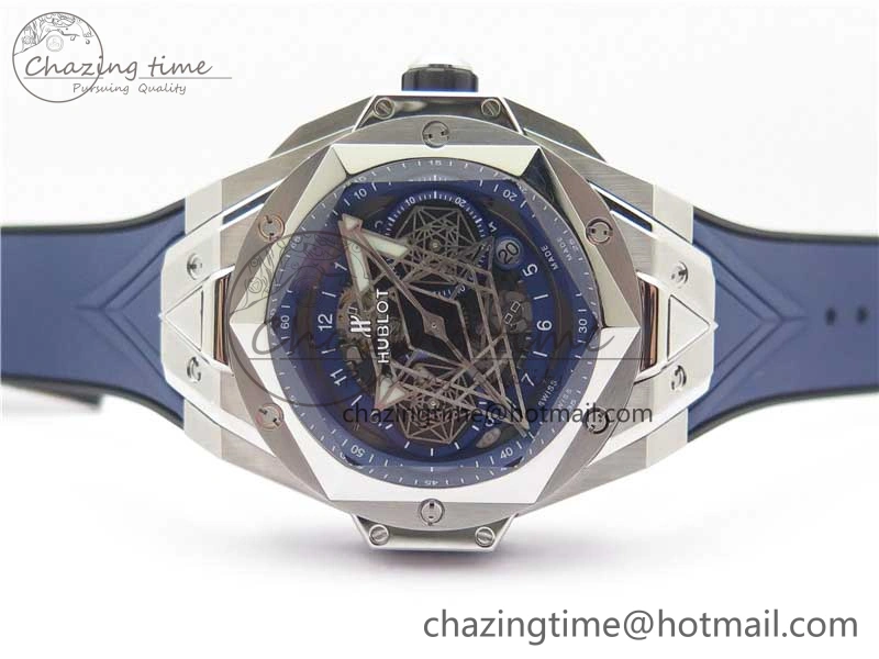 Big Bang Sang Bleu chrono SS B50 Blue Skeletonal Dial On Rubber Strap Asian TechFriendly 6797