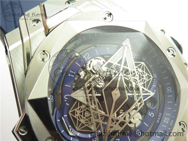 Big Bang Sang Bleu chrono SS B50 Blue Skeletonal Dial On Rubber Strap Asian TechFriendly 6797
