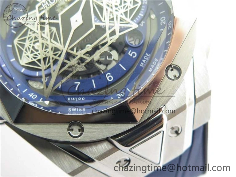 Big Bang Sang Bleu chrono SS B50 Blue Skeletonal Dial On Rubber Strap Asian TechFriendly 6797