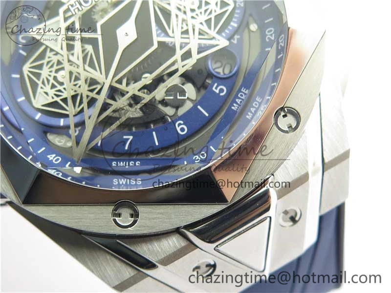 Big Bang Sang Bleu chrono SS B50 Blue Skeletonal Dial On Rubber Strap Asian TechFriendly 6797