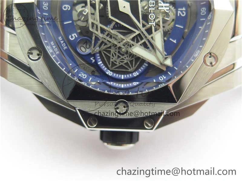 Big Bang Sang Bleu chrono SS B50 Blue Skeletonal Dial On Rubber Strap Asian TechFriendly 6797