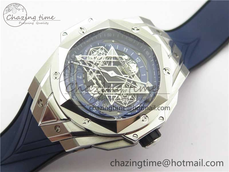 Big Bang Sang Bleu chrono SS B50 Blue Skeletonal Dial On Rubber Strap Asian TechFriendly 6797