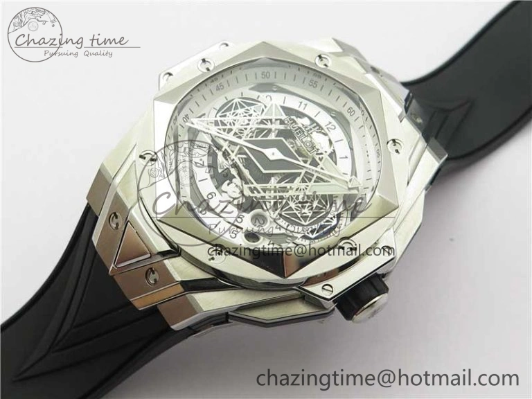 Contemporary Big Bang Sang Bleu chrono SS B50 White Skeletonal Dial On Gummy Strap Asian 6799