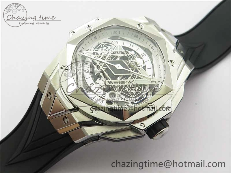Contemporary Big Bang Sang Bleu chrono SS B50 White Skeletonal Dial On Gummy Strap Asian 6799