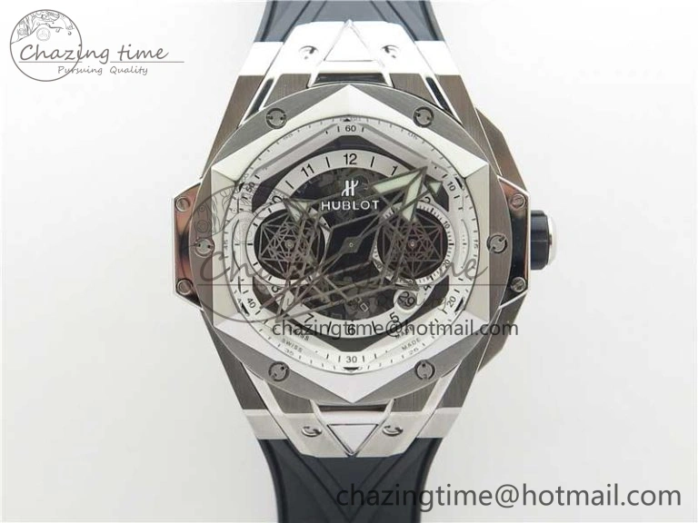 Contemporary Big Bang Sang Bleu chrono SS B50 White Skeletonal Dial On Gummy Strap Asian 6799