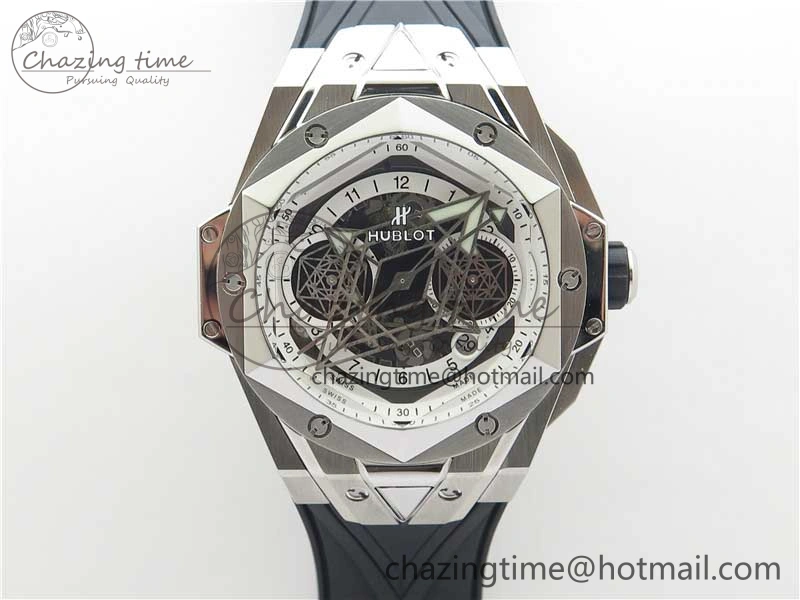 Contemporary Big Bang Sang Bleu chrono SS B50 White Skeletonal Dial On Gummy Strap Asian 6799