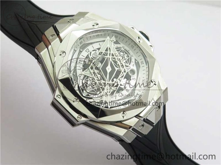 Contemporary Big Bang Sang Bleu chrono SS B50 White Skeletonal Dial On Gummy Strap Asian 6799