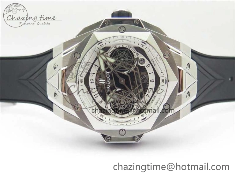 Contemporary Big Bang Sang Bleu chrono SS B50 White Skeletonal Dial On Gummy Strap Asian 6799