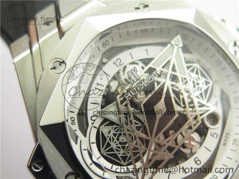 Contemporary Big Bang Sang Bleu chrono SS B50 White Skeletonal Dial On Gummy Strap Asian 6799