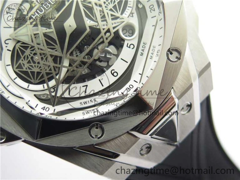 Contemporary Big Bang Sang Bleu chrono SS B50 White Skeletonal Dial On Gummy Strap Asian 6799