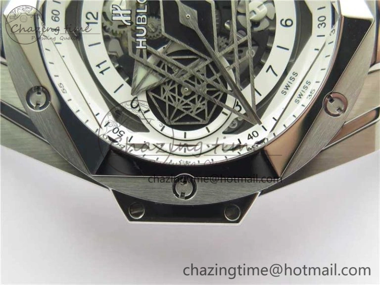 Contemporary Big Bang Sang Bleu chrono SS B50 White Skeletonal Dial On Gummy Strap Asian 6799