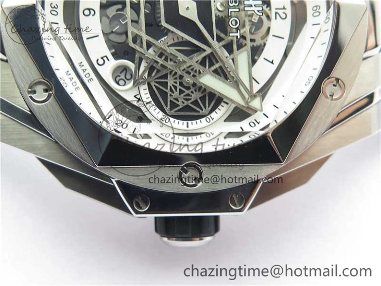 Contemporary Big Bang Sang Bleu chrono SS B50 White Skeletonal Dial On Gummy Strap Asian 6799