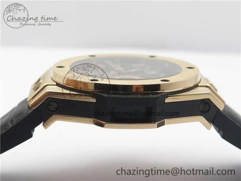 Breathable Big Bang Tourbillon King 45mm RG MJF Best Edition Skeleton Dial on Black Gummy Strap 6831