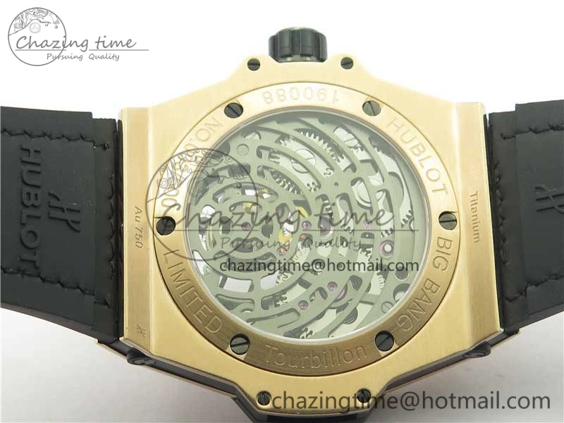 Breathable Big Bang Tourbillon King 45mm RG MJF Best Edition Skeleton Dial on Black Gummy Strap 6831