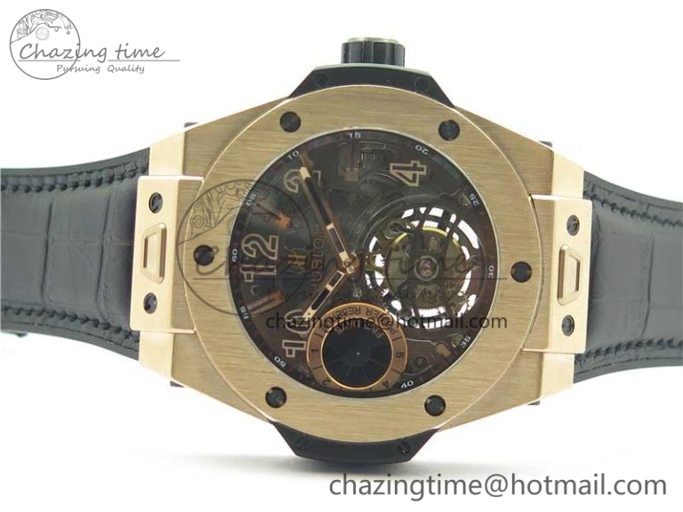 Breathable Big Bang Tourbillon King 45mm RG MJF Best Edition Skeleton Dial on Black Gummy Strap 6831