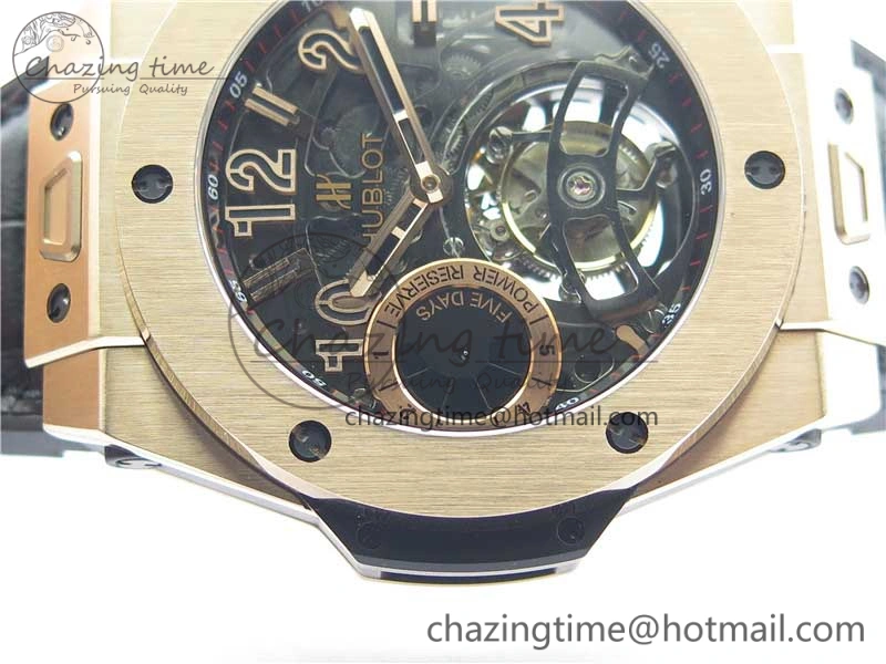 Breathable Big Bang Tourbillon King 45mm RG MJF Best Edition Skeleton Dial on Black Gummy Strap 6831