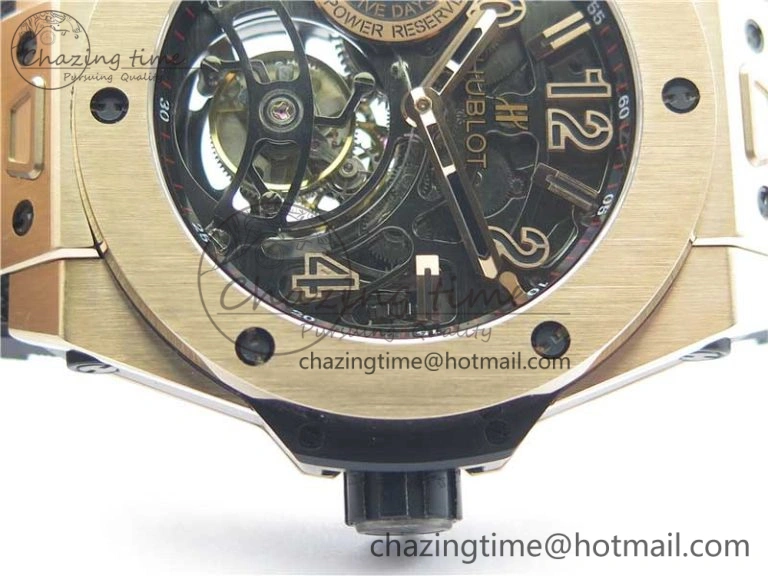 Breathable Big Bang Tourbillon King 45mm RG MJF Best Edition Skeleton Dial on Black Gummy Strap 6831