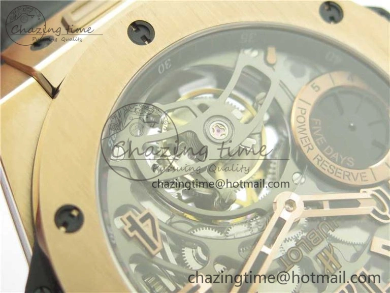 Breathable Big Bang Tourbillon King 45mm RG MJF Best Edition Skeleton Dial on Black Gummy Strap 6831