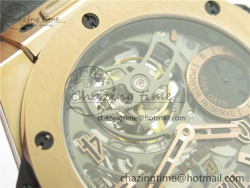 Breathable Big Bang Tourbillon King 45mm RG MJF Best Edition Skeleton Dial on Black Gummy Strap 6831