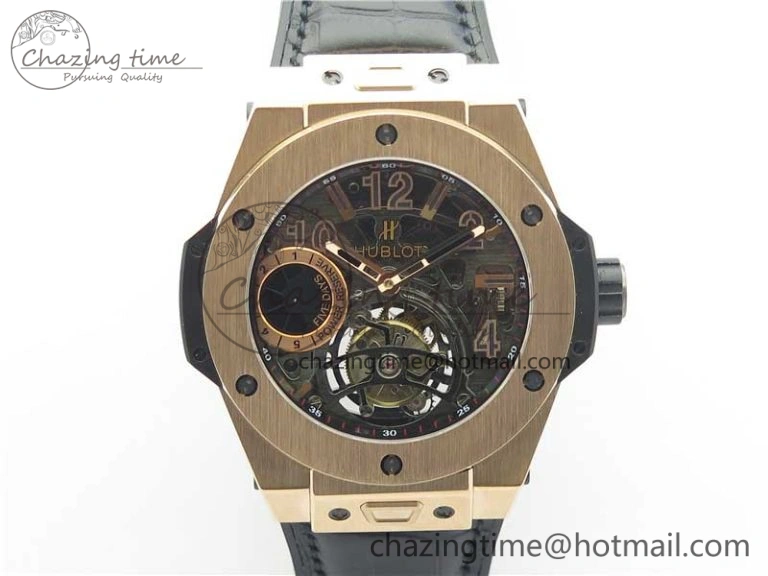 Breathable Big Bang Tourbillon King 45mm RG MJF Best Edition Skeleton Dial on Black Gummy Strap 6831