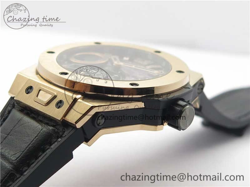 Breathable Big Bang Tourbillon King 45mm RG MJF Best Edition Skeleton Dial on Black Gummy Strap 6831