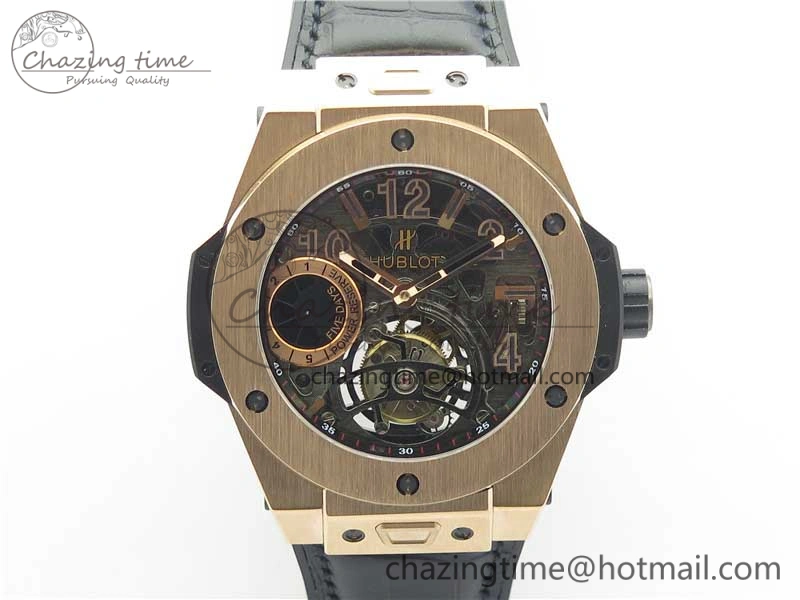 Breathable Big Bang Tourbillon King 45mm RG MJF Best Edition Skeleton Dial on Black Gummy Strap 6831