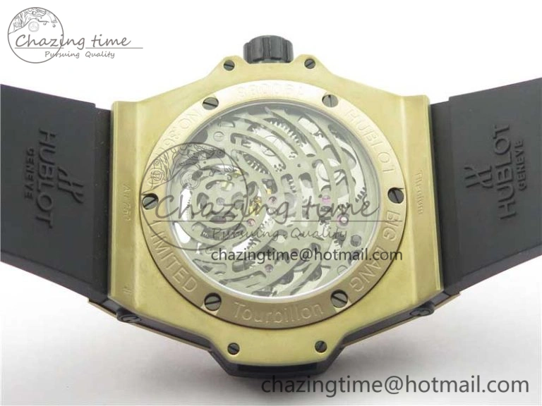 Big Bang Tourbillon King 45mm YG MJF Best Edition Skeleton Dial on Black Rubber Strap EyeCatching 6832