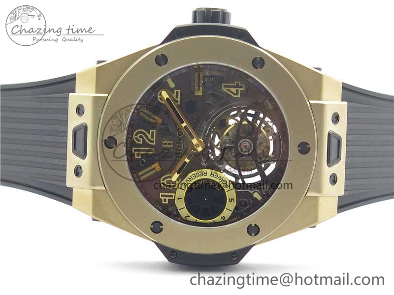 Big Bang Tourbillon King 45mm YG MJF Best Edition Skeleton Dial on Black Rubber Strap EyeCatching 6832