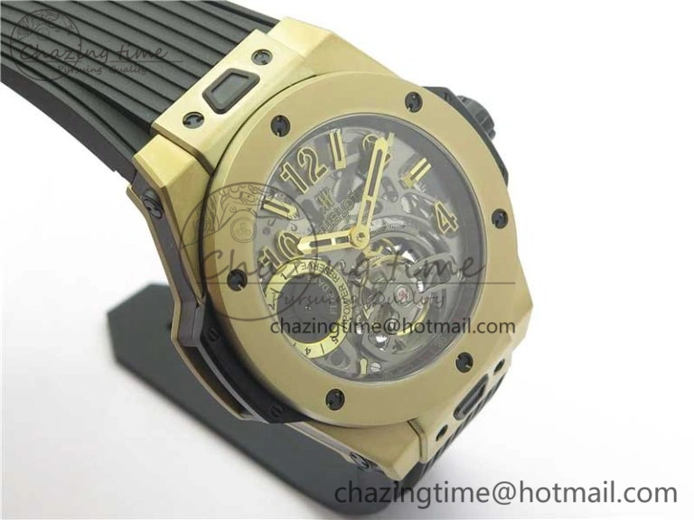 Big Bang Tourbillon King 45mm YG MJF Best Edition Skeleton Dial on Black Rubber Strap EyeCatching 6832