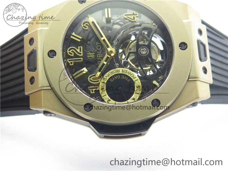 Big Bang Tourbillon King 45mm YG MJF Best Edition Skeleton Dial on Black Rubber Strap EyeCatching 6832