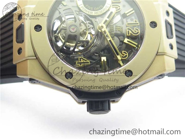 Big Bang Tourbillon King 45mm YG MJF Best Edition Skeleton Dial on Black Rubber Strap EyeCatching 6832