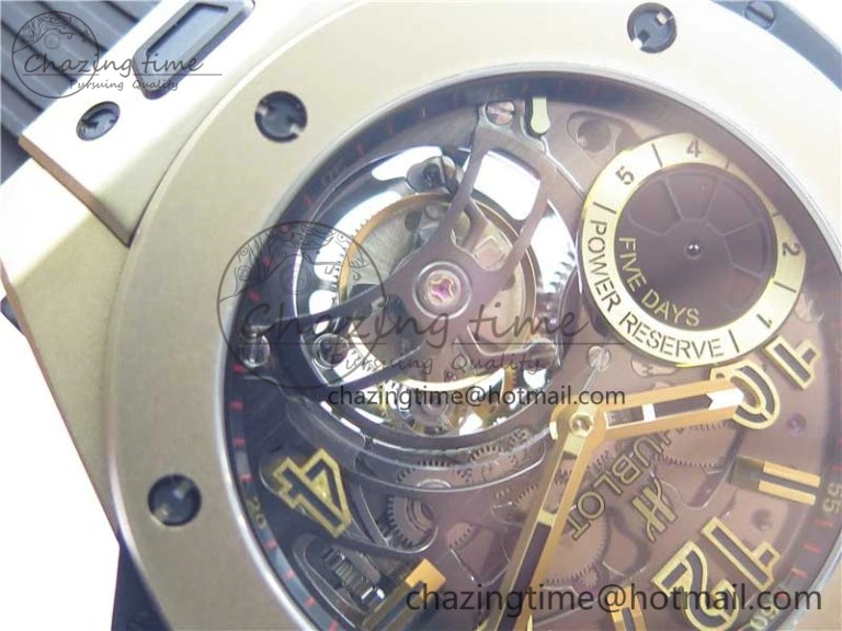 Big Bang Tourbillon King 45mm YG MJF Best Edition Skeleton Dial on Black Rubber Strap EyeCatching 6832