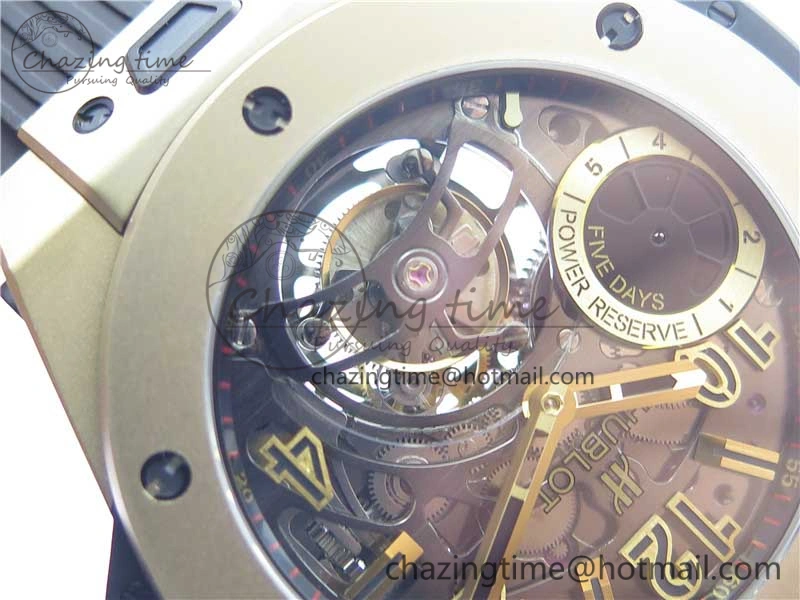 Big Bang Tourbillon King 45mm YG MJF Best Edition Skeleton Dial on Black Rubber Strap EyeCatching 6832