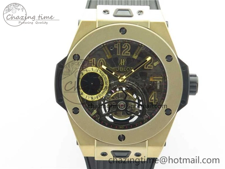 Big Bang Tourbillon King 45mm YG MJF Best Edition Skeleton Dial on Black Rubber Strap EyeCatching 6832
