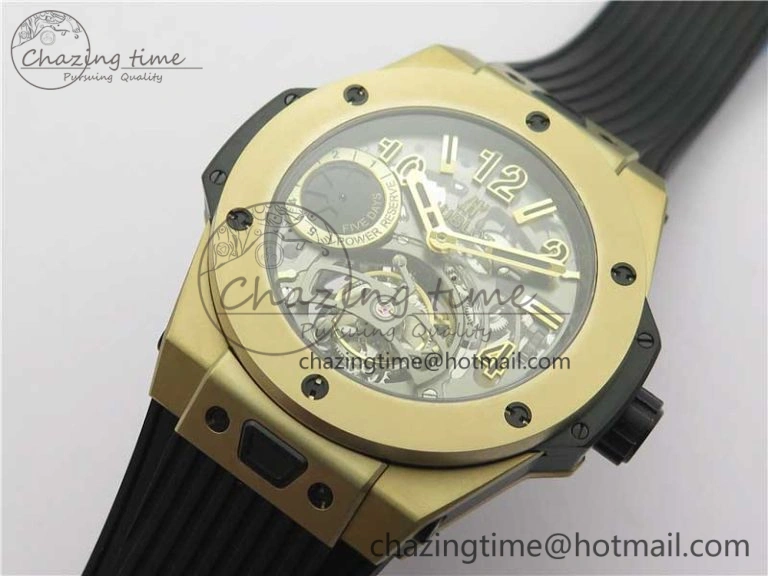 Big Bang Tourbillon King 45mm YG MJF Best Edition Skeleton Dial on Black Rubber Strap EyeCatching 6832