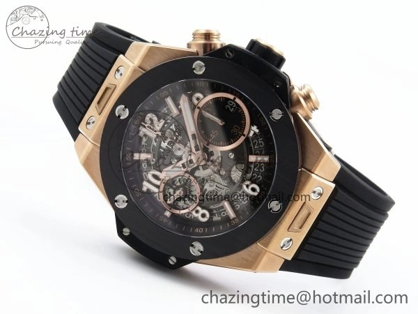OnTrend Big Bang Unico 42mm RG BBF 1:1 Best Edition Skeleton Dial Black Ceramic Bezel on Black Rubber Strap A1280 V 6728