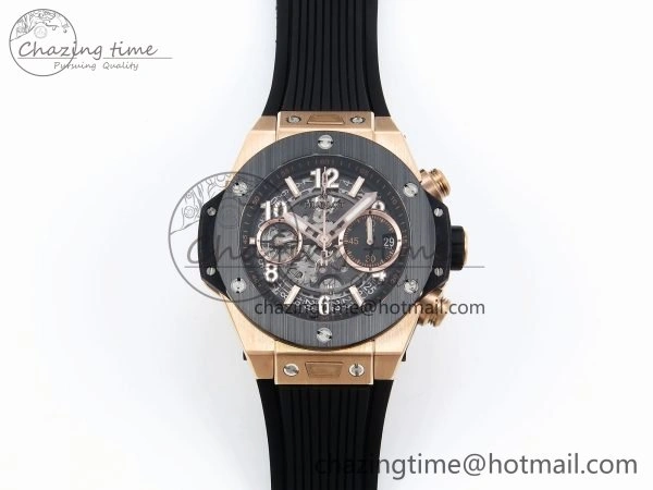 OnTrend Big Bang Unico 42mm RG BBF 1:1 Best Edition Skeleton Dial Black Ceramic Bezel on Black Rubber Strap A1280 V 6728