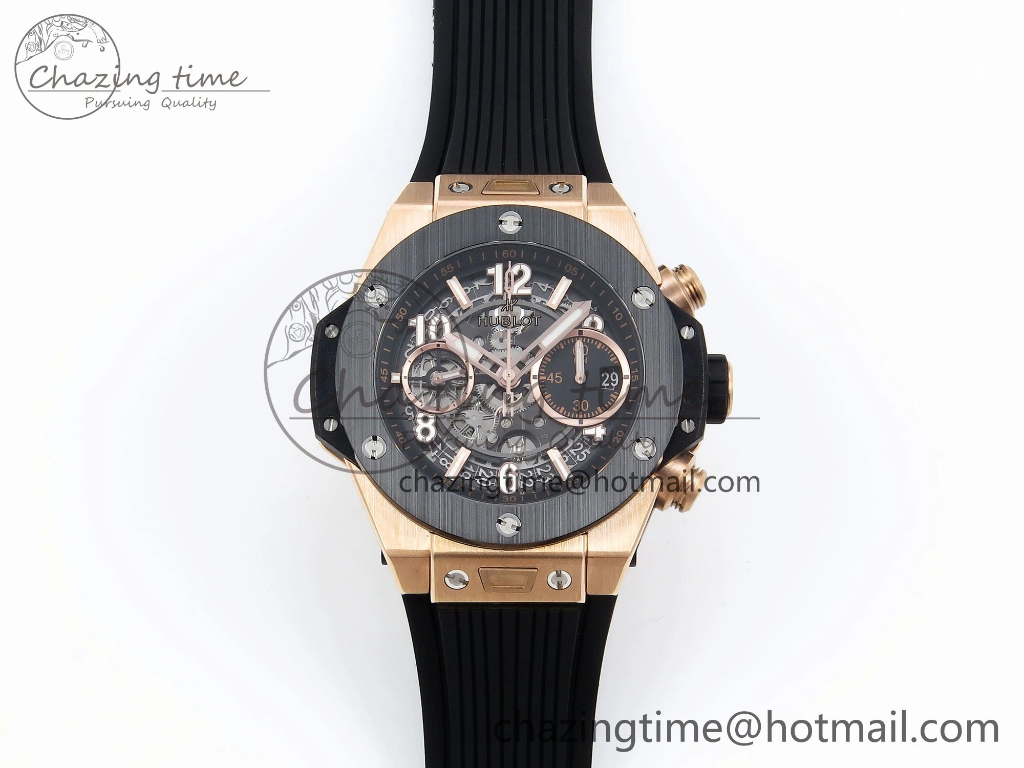 OnTrend Big Bang Unico 42mm RG BBF 1:1 Best Edition Skeleton Dial Black Ceramic Bezel on Black Rubber Strap A1280 V 6728