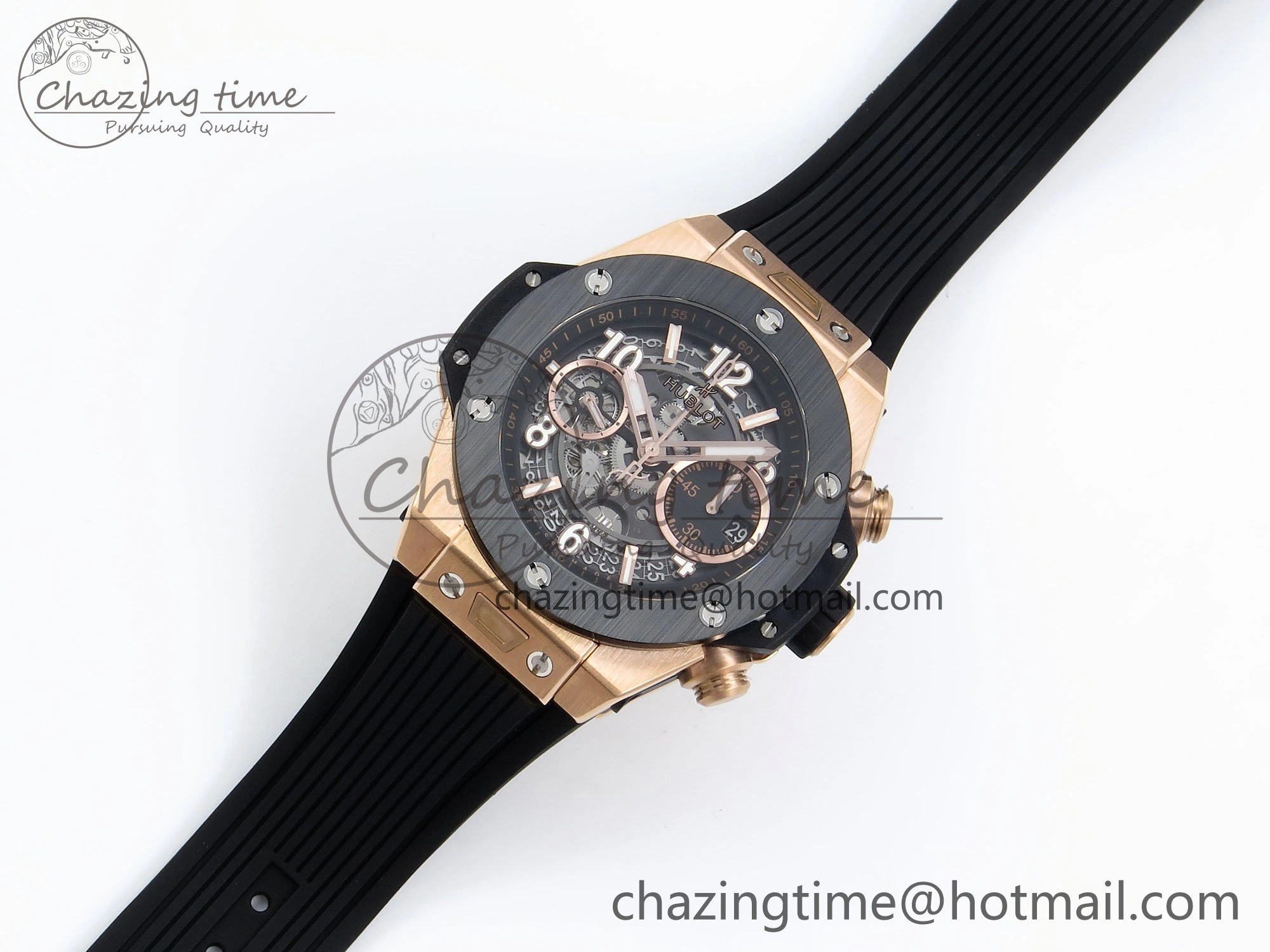OnTrend Big Bang Unico 42mm RG BBF 1:1 Best Edition Skeleton Dial Black Ceramic Bezel on Black Rubber Strap A1280 V 6728
