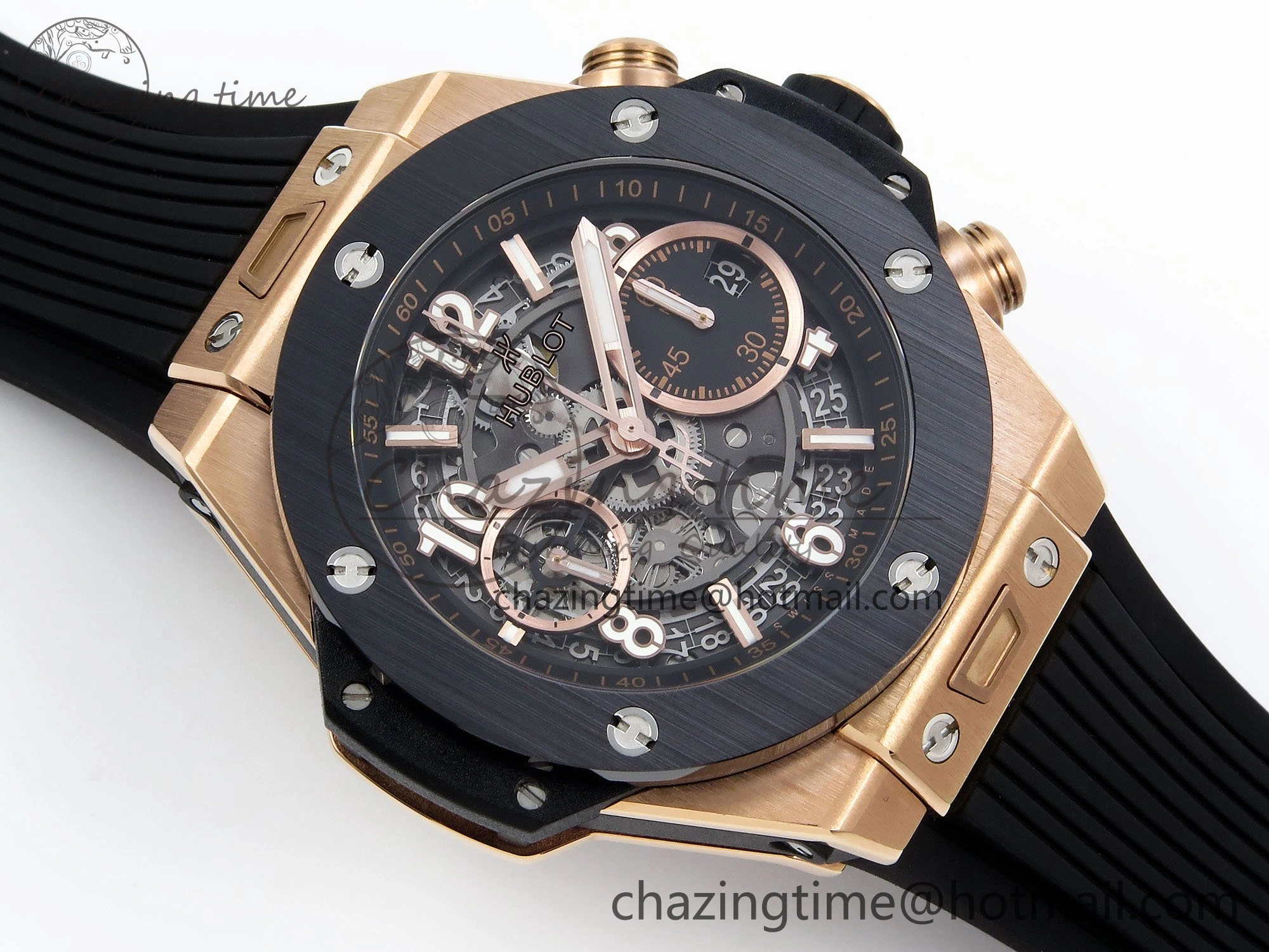 OnTrend Big Bang Unico 42mm RG BBF 1:1 Best Edition Skeleton Dial Black Ceramic Bezel on Black Rubber Strap A1280 V 6728