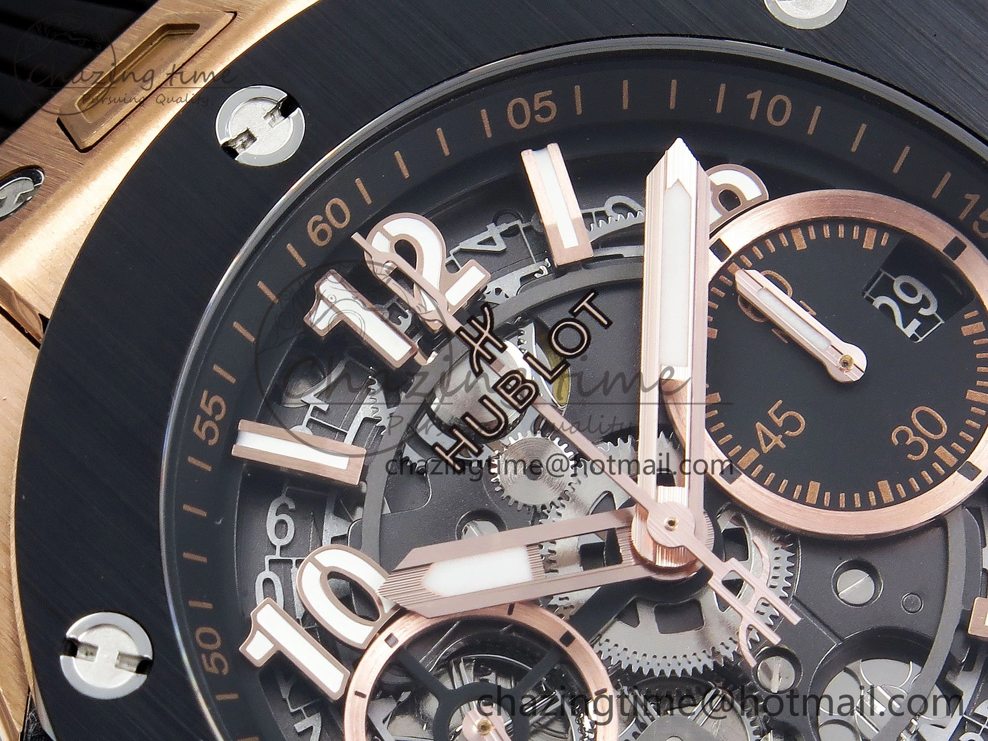 OnTrend Big Bang Unico 42mm RG BBF 1:1 Best Edition Skeleton Dial Black Ceramic Bezel on Black Rubber Strap A1280 V 6728