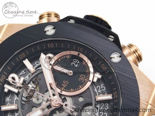 OnTrend Big Bang Unico 42mm RG BBF 1:1 Best Edition Skeleton Dial Black Ceramic Bezel on Black Rubber Strap A1280 V 6728