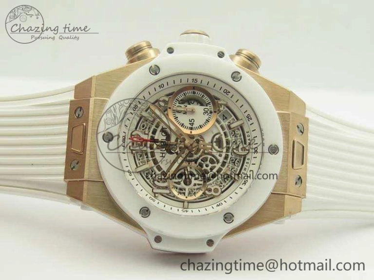 Big Bang Unico 45mm RG 3AF Best Edition White RG Dial Ceramic Bezel On Rubber Strap A Durable 6913