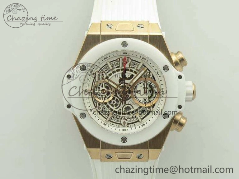 Big Bang Unico 45mm RG 3AF Best Edition White RG Dial Ceramic Bezel On Rubber Strap A Durable 6913