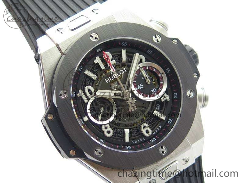 Big Bang Unico 45mm SS 3AF Best Edition Black Dial Ceramic Bezel On Rubber Strap A Snug 6935