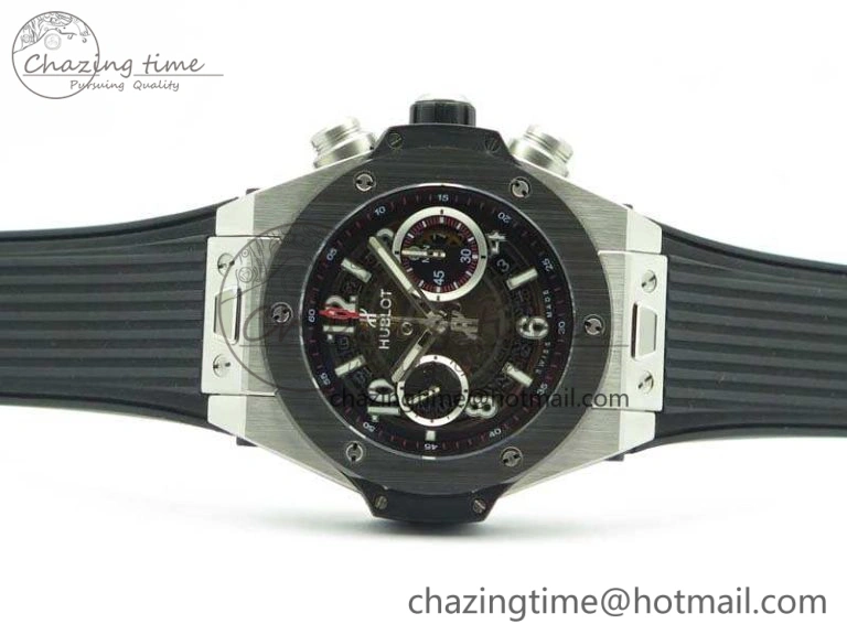 Big Bang Unico 45mm SS 3AF Best Edition Black Dial Ceramic Bezel On Rubber Strap A Snug 6935